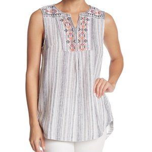 Beach Lunch Lounge Embroidered Tunic Tank Top Striped Gray XS Cotton Linen Cute